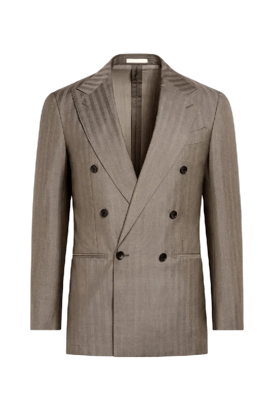 Tan Herringbone Stripe Wool Peak Lapel Double Breasted Suit