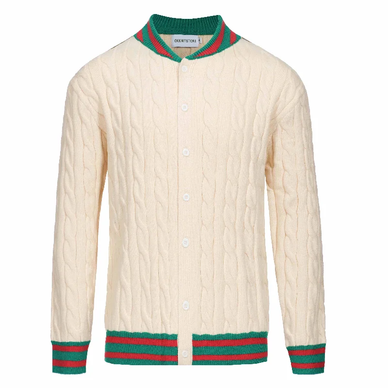 Men's Sweaters with Button-Up CollarsMen's white apricot vintage textured sweater coat