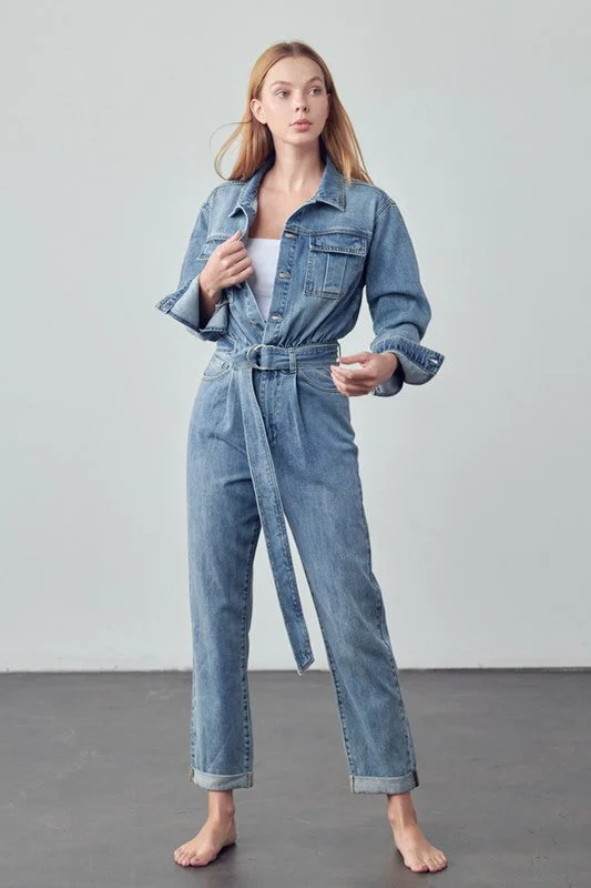 Sustainable Eco-Friendly Men's JeansBelted Collared Button Front Denim Jumpsuit