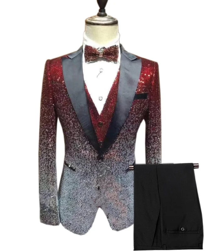 Men's Fashion Gradient Sequined Tuxedo Suit Peak Lapel Men's Suit (Blazer + Vest + Pants)