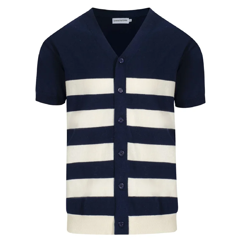 Men's Sweaters with BeadsMen's Navy Blue and White Wide Striped V-Neck Knitted Short-Sleeved Cardigan