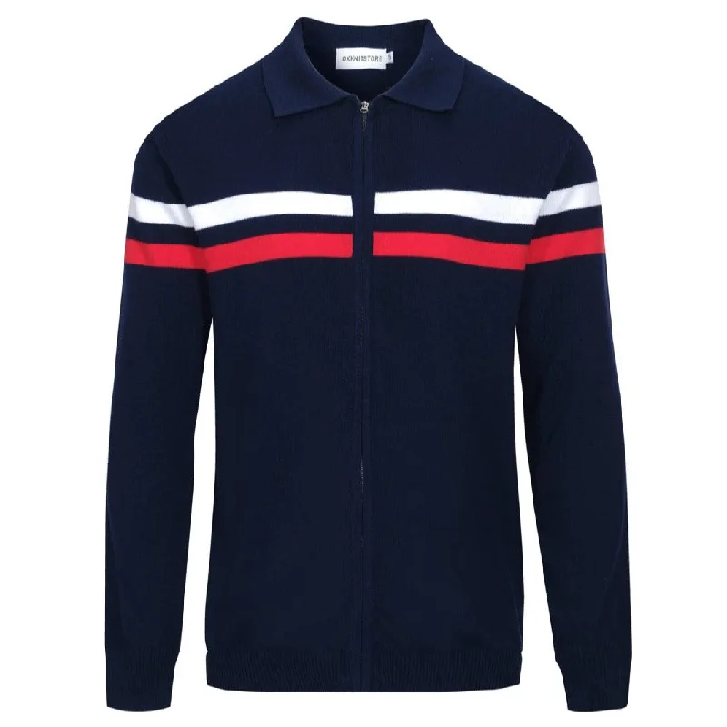 Men's Sweaters with SequinsMen's Dark Blue Knitted Zip Cardigan White & Red Racing Stripes Through