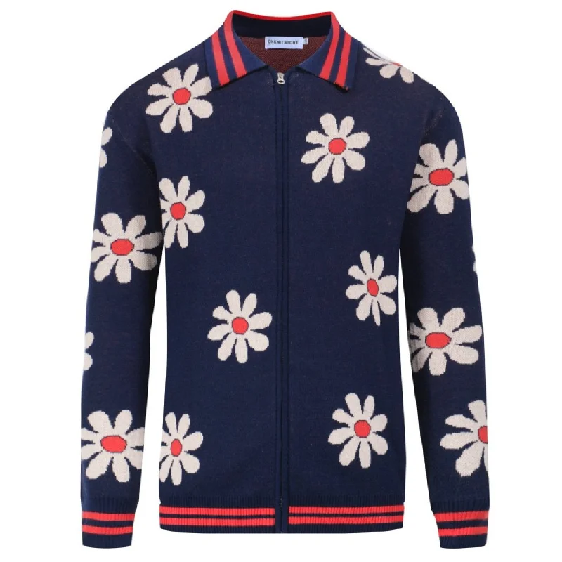 Men's Sweaters with Hoods and DrawstringsMen's dark blue floral jacquard knit cardigan