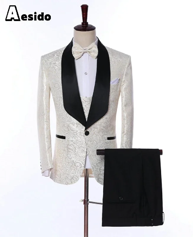 Ivory Patterned 2 Pieces Mens Suit Formal Shawl Lapel Tuxedos (Blazer+Vest+Pants)