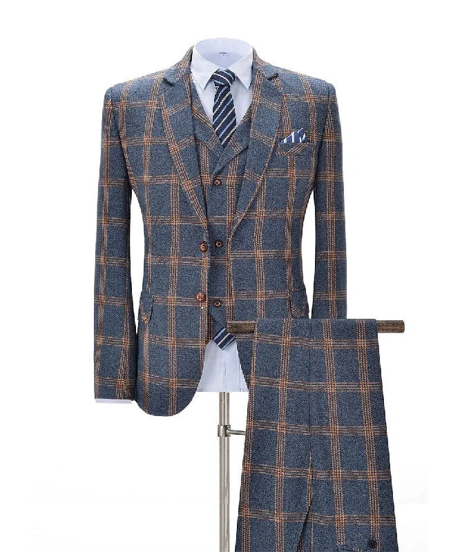 Formal Plaid 3 Pieces Mens Suit Notch Lapel Tuxedos (Blazer+vest+Pants)