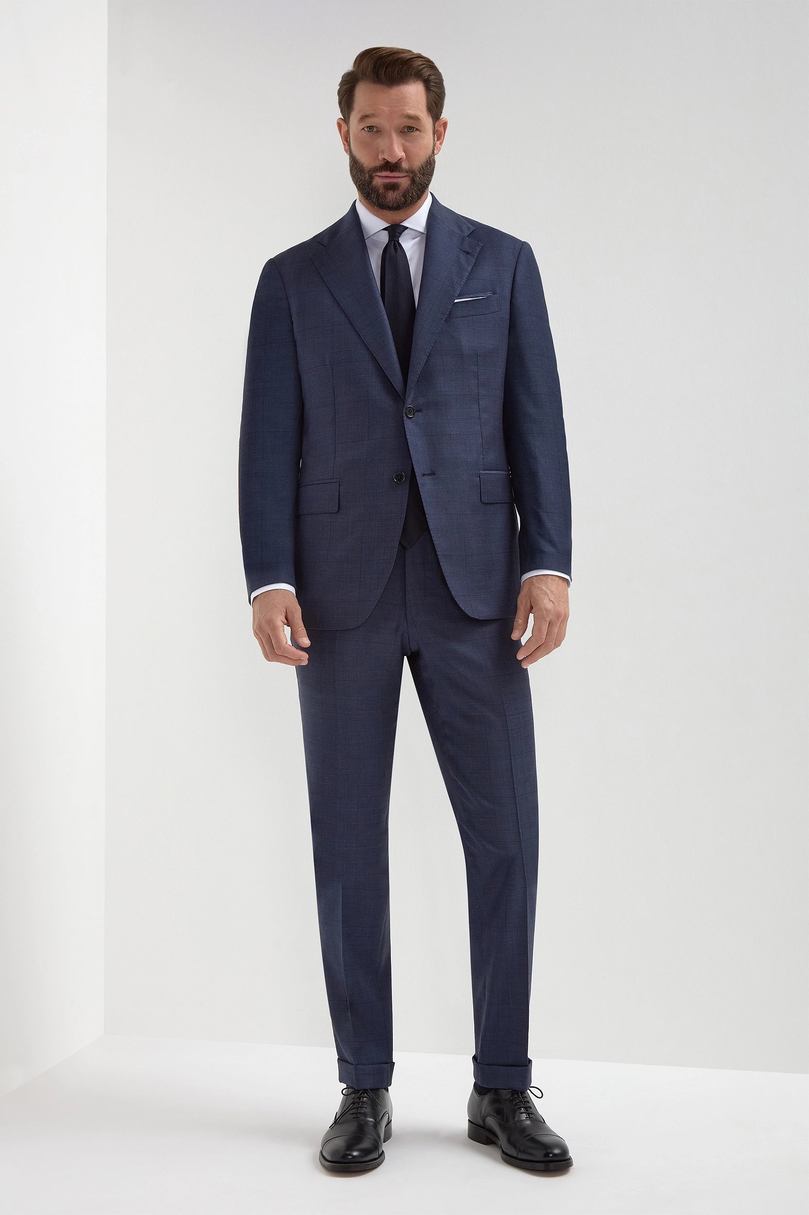 Blue Avio Prince of Wales Full Canvas suit - Made in Italy