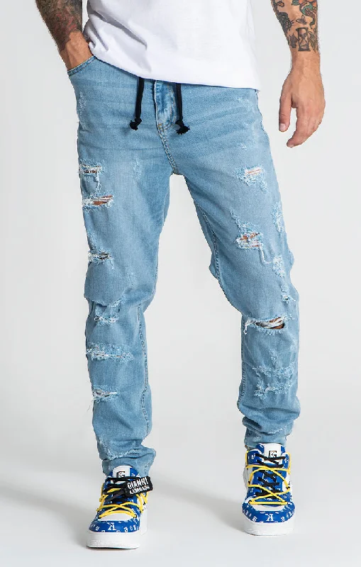 Men's Jeans with Elastic WaistbandsLight Blue Raw Carrot Jeans