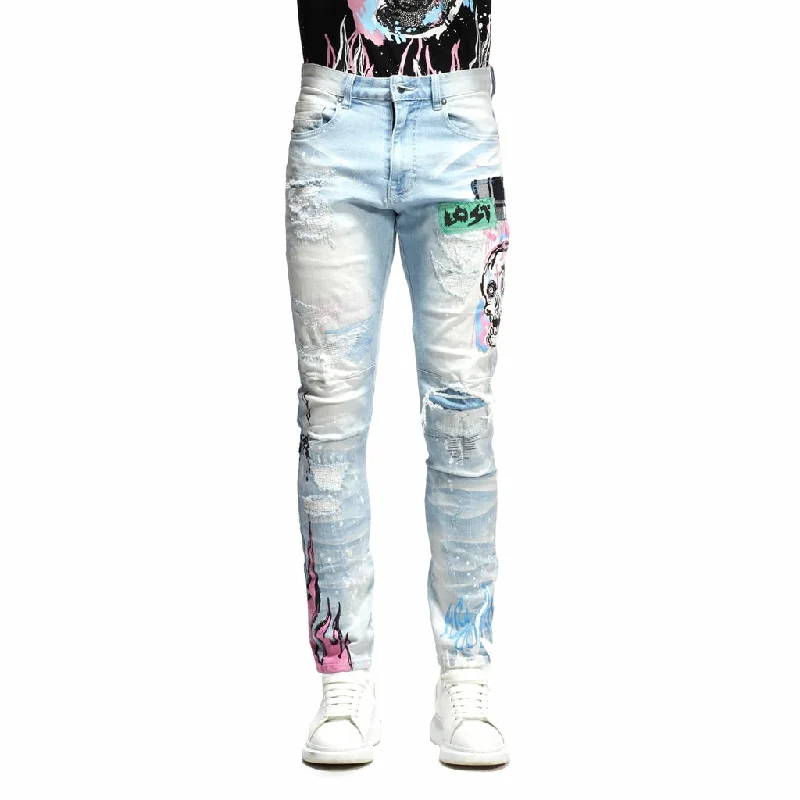 Oversized Men's JeansSlim Tapered Skull And Flame Graphic Jeans - Speckle Blue