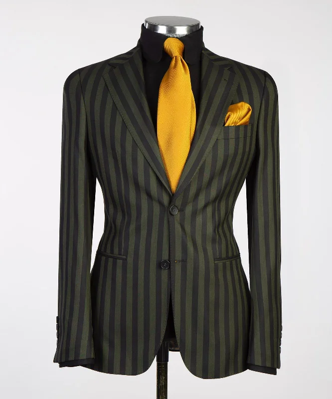 Dark Olive Green Suit With Black Strip