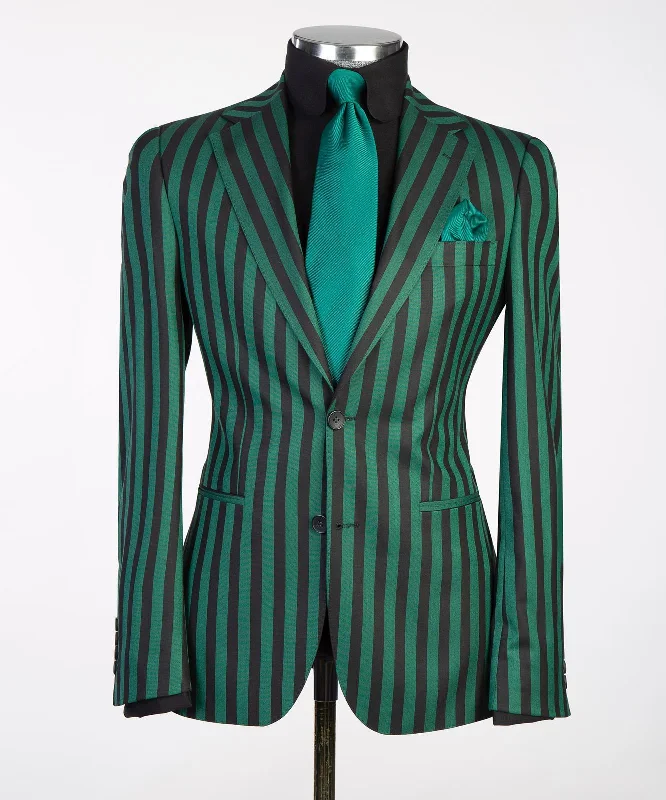 Mens Forest Green Suit With Black Strip