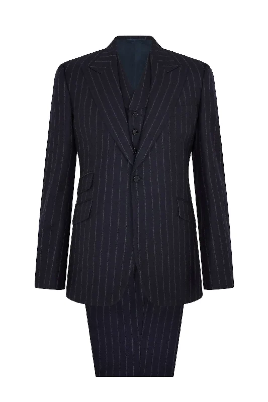 Navy Flannel Chalk Stripe Three-Piece Single Breasted Suit