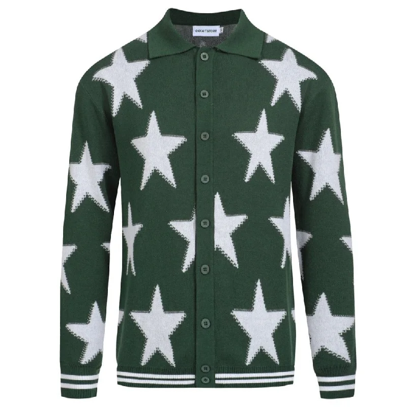 Men's Sweaters with Zip-Up CollarsMen's Dark green  Star vintage knit cardigan sweater