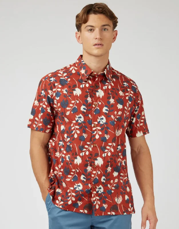 Ben Sherman Stencil Floral Print Cinnamon Short Sleeve Shirt