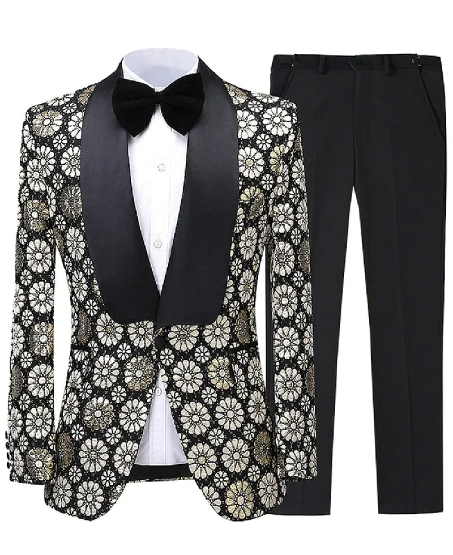 Flower Patterned Tuxedos Shawl Lapel 2 Pieces Mens Suit (Blazer+Pants)