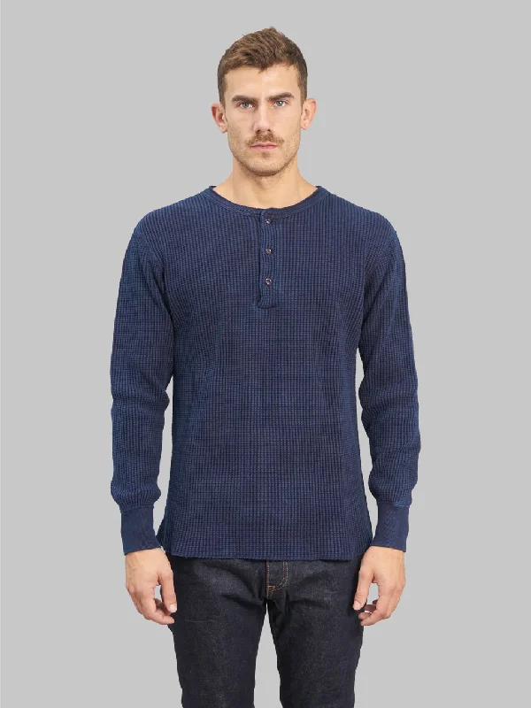 Classic Men's Button-Up ShirtsUES Thermal Big Waffle Henley T-Shirt Indigo