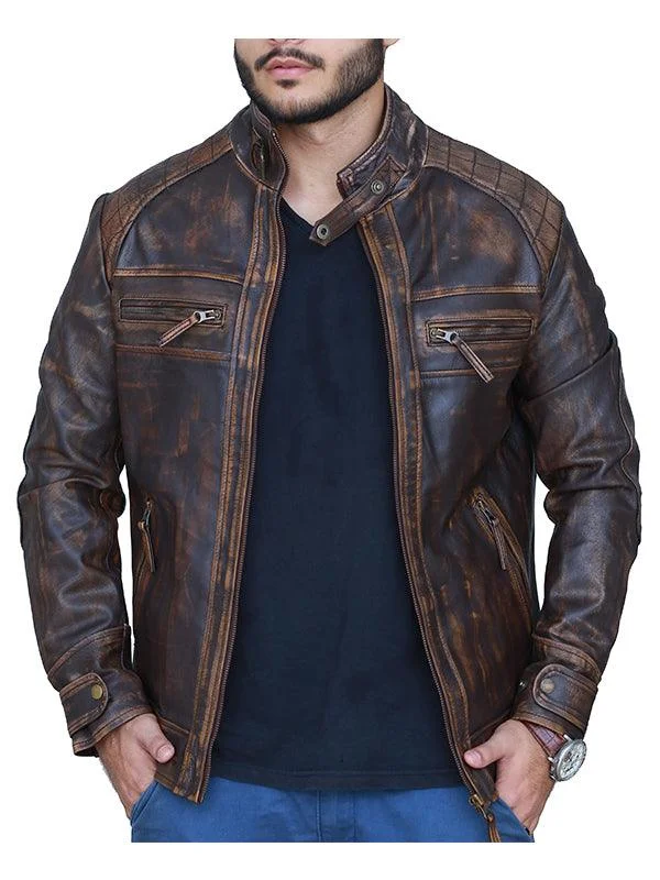 Men's Coats for Everyday WearDiamond Classic Leather Jacket - Distressed Rub off Brown