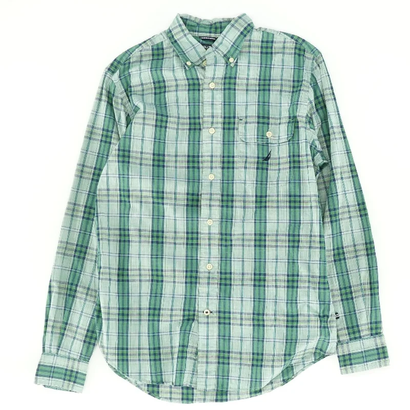 Men's Shirts with Lace-Up HemlinesGreen Plaid Long Sleeve Button Down