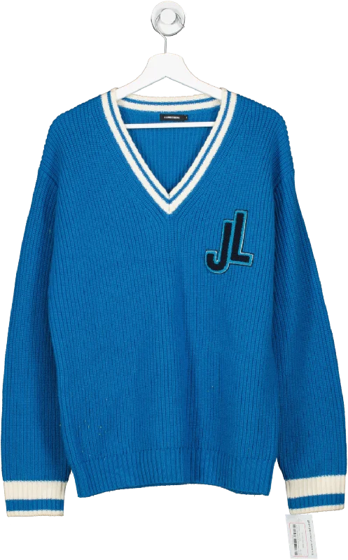 Men's Sweaters with Intarsia DesignsJ.Linderberg Blue 100% Wool V Neck Sweater UK M