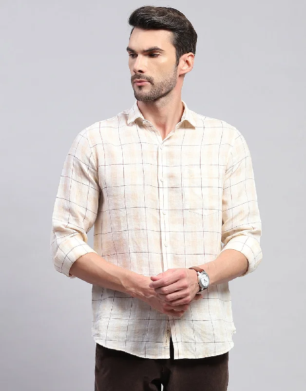 Men's Geometric Print Shirts for a Modern TwistMen Beige Check Collar Neck Full Sleeve Shirt