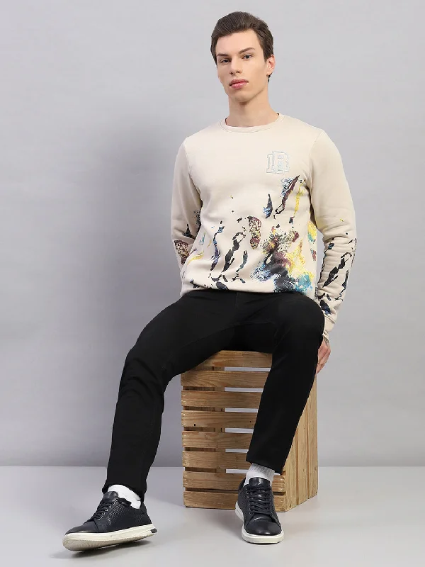 Men's Hoodies with Secret CompartmentsMen Beige Printed Round Neck Full Sleeve Sweatshirt