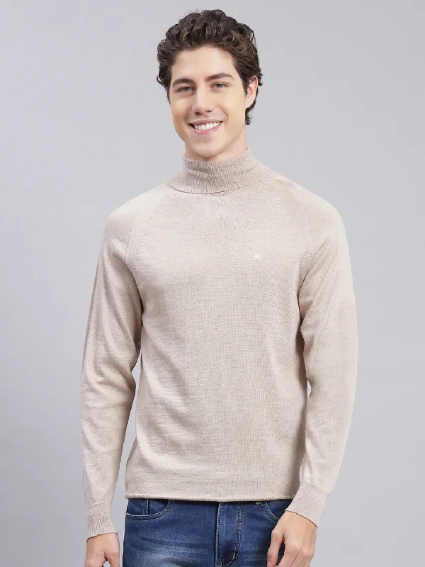 Men's Hoodies with Reinforced StitchingMen Beige Solid Pure wool Pullover