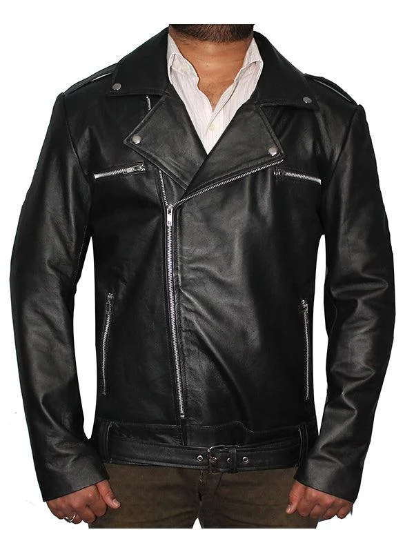 Waterproof Men's ParkasMen Biker Walking Negan Leather Jacket - Black