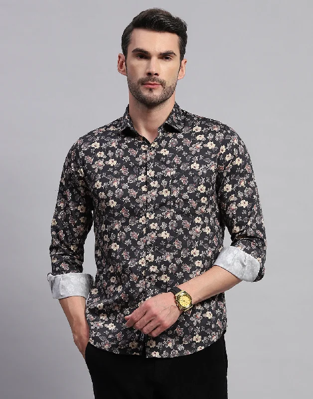 Men's Machine-Washable Shirts for ConvenienceMen Black Floral Print Collar Neck Full Sleeve Shirt