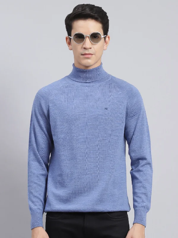 Men's Hoodies for AutumnMen Blue Solid Pure Wool Pullover