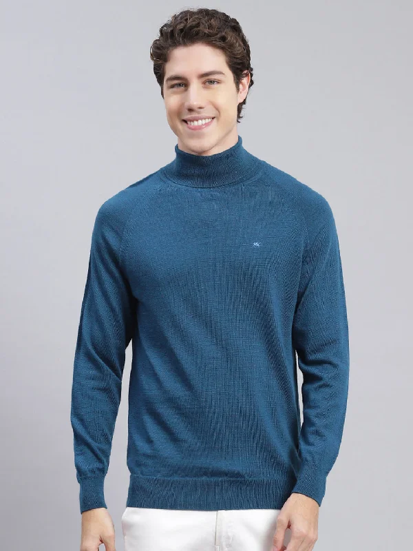 Men's Hoodies with Quilted LiningMen Blue Solid Pure wool Pullover