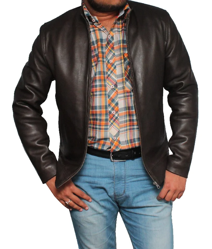 Men's Coats for Winter SportsMen Casual Style Classic Leather Jacket- Dark Brown