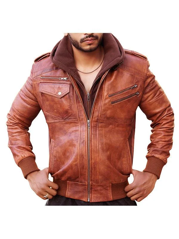 Fashionable Men's Denim JacketsMen Leather Motorcycle Jacket with Removable Hood - Brown