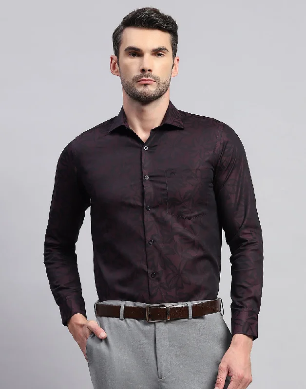 Men's Solid-Colored Shirts for VersatilityMen Maroon Floral Print Collar Neck Full Sleeve Shirt