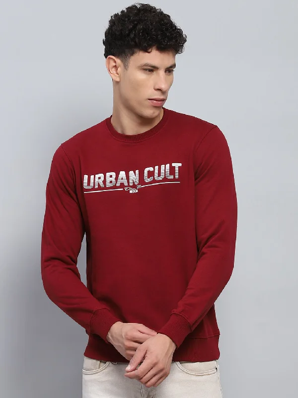 Men's Hoodies for CampingMen Maroon Printed Round Neck Full Sleeve Sweatshirt