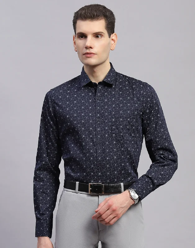 Men's Stain-Resistant Shirts for Mess-Free WearMen Navy Blue Printed Collar Full Sleeve Shirt