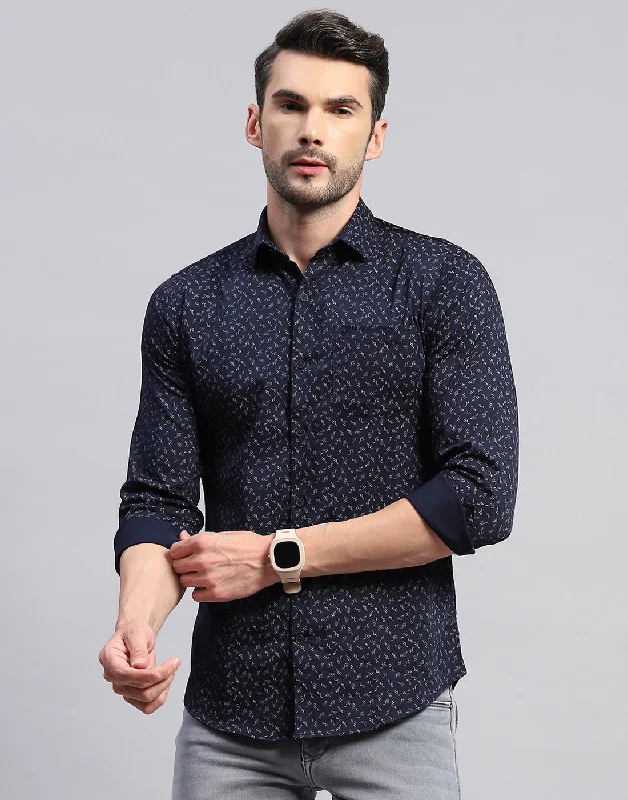 Men's Performance Fabric Shirts for All-Day ComfortMen Navy Blue Printed Collar Neck Full Sleeve Shirt