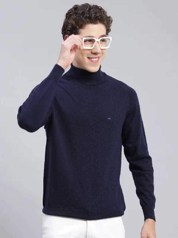 Men's Hoodies for Ice FishingMen Navy Blue Solid Pure wool Pullover