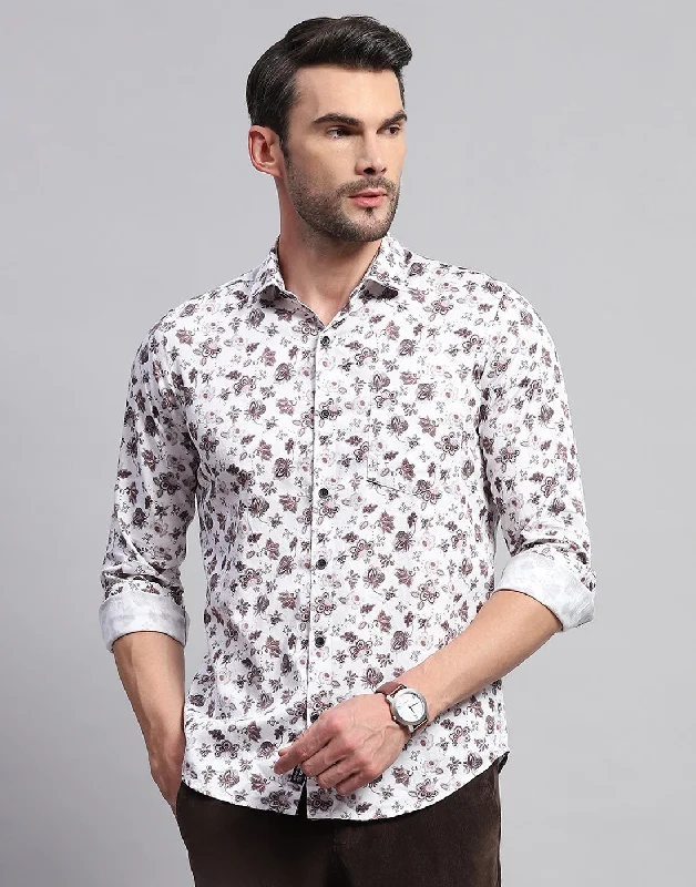 Men's Luxury Shirts for High-End FashionMen Off White Floral Print Collar Neck Full Sleeve Shirt