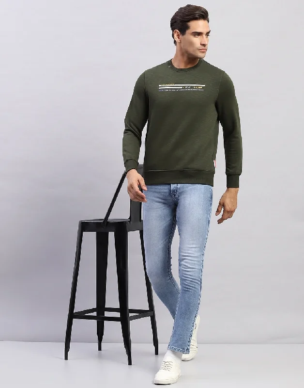 Men's Hoodies for Skinny MenMen Olive Printed Round Neck Full Sleeve Sweatshirt