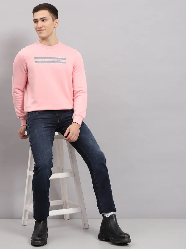 Men's Hoodies with Security PocketsMen Pink Printed Round Neck Full Sleeve Sweatshirt