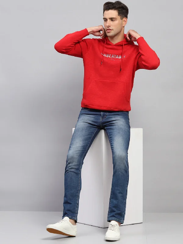 Men's Hoodies for Short MenMen Red Printed Hooded Full Sleeve Sweatshirt