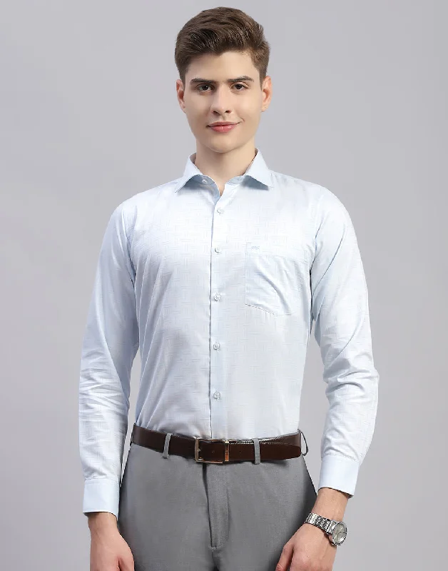 Men's Luxury Shirts for High-End FashionMen Sky Blue Check Collar Full Sleeve Shirt