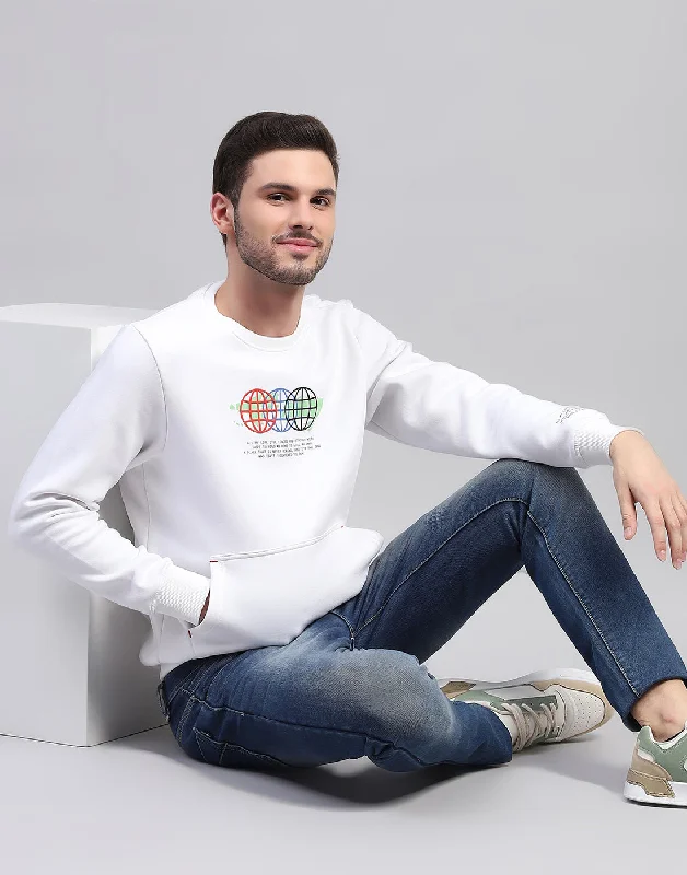 Men's Hoodies for TravelMen White Printed Round Neck Full Sleeve Sweatshirt