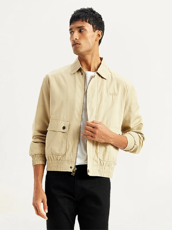 Men's Coats with LiningMen's Solid Beige Spread Collar Jacket