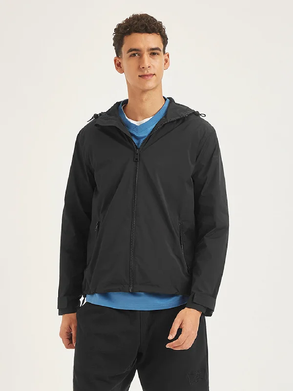 Lightweight Men's WindbreakersMen's Solid Black Hooded Jacket