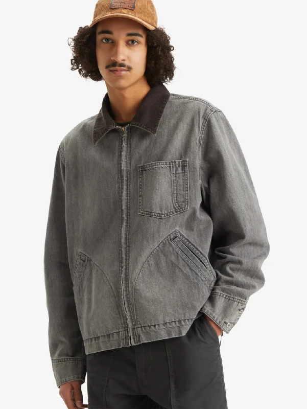 Men's Coats with Magnetic ClosuresMen's Solid Charcoal-Grey Spread Collar Denim Jacket