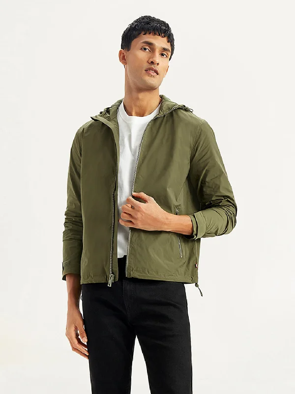 Men's Coats with Flannel LiningMen's Solid Olive Hooded Jacket