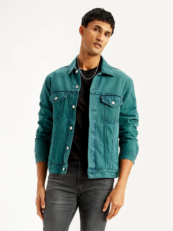 Men's Coats for Mild WeatherMen's Solid Teal Spread Collar Trucker Jacket