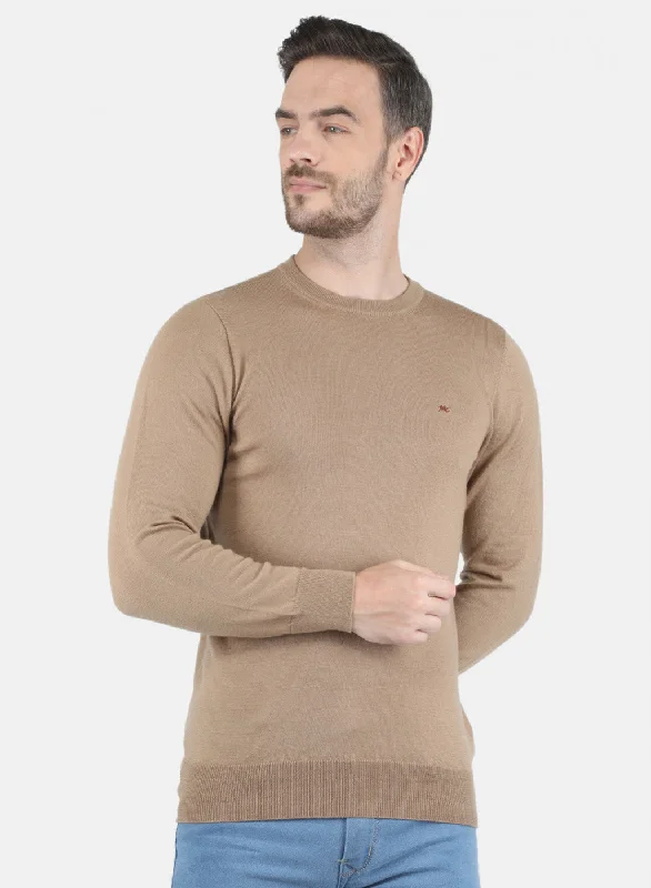 Solid-Colored Men's SweatersMen Beige Solid Pullover