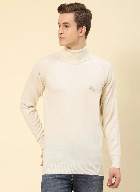 Classic Men's Cotton HoodiesMen Cream Solid Blend wool Pullover