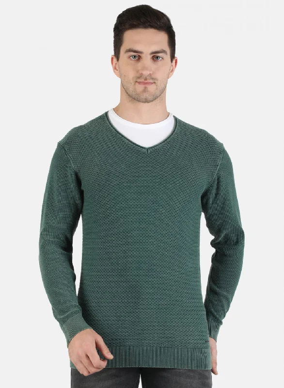 Men's Sweaters with ThumbholesMen Green Self Pullover